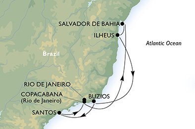 Rio de Janeiro, Copacabana, Salvador, Ilhéus, Búzios, Santos, Rio de Janeiro