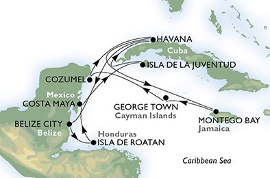 Cuba, Belize, Honduras, México, Jamaica, Ilhas Cayman