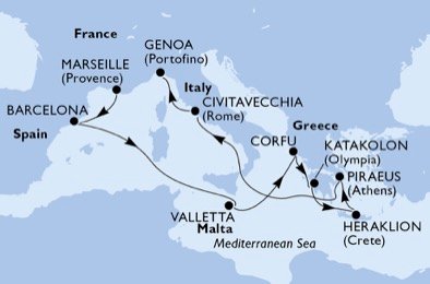 crociera msc U6TA itinerario della crociera in
francia, spagna, malta, grecia, italia su MSC ORCHESTRA