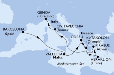 crociera msc U6TB itinerario della crociera in
spagna, malta, grecia, italia su MSC ORCHESTRA
