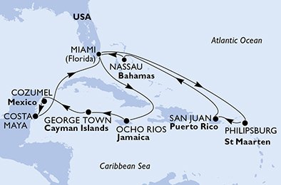crociera msc U6YT itinerario della crociera in
usa, giamaica, isole cayman, messico, st. maarten, porto rico, bahamas su MSC SEASIDE