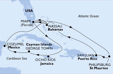 crociera msc U6YW itinerario della crociera in
usa, st. maarten, porto rico, bahamas, giamaica, isole cayman, messico su MSC SEASIDE