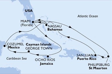 crociera msc U6YX itinerario della crociera in
usa, giamaica, isole cayman, messico, bahamas, st. maarten, porto rico su MSC SEASIDE