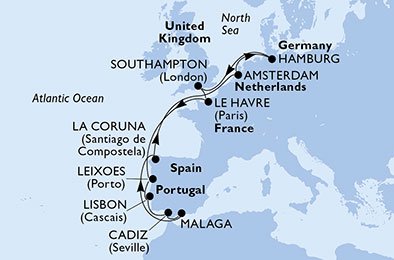 crociera msc U746 itinerario della crociera in
germania, regno unito, francia, portogallo, spagna, olanda su MSC MAGNIFICA