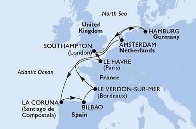 crociera msc U748 itinerario della crociera in
germania, regno unito, francia, spagna, olanda su MSC MAGNIFICA