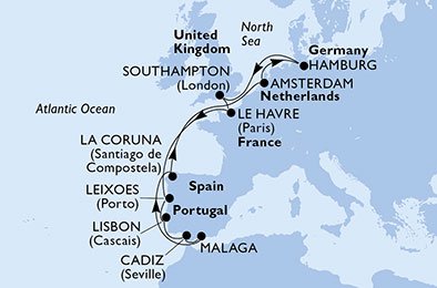crociera msc U75K itinerario della crociera in
francia, portogallo, spagna, olanda, germania, regno unito su MSC MAGNIFICA