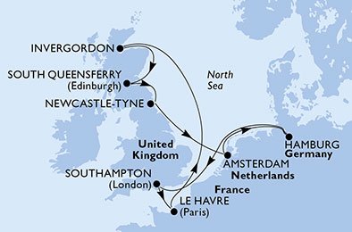 crociera msc U75R itinerario della crociera in
regno unito, francia, olanda, germania su MSC MAGNIFICA