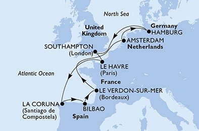 crociera msc U762 itinerario della crociera in
regno unito, francia, spagna, olanda, germania su MSC MAGNIFICA
