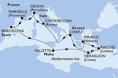 crociera msc U775 itinerario della crociera in
francia, spagna, malta, grecia, italia su MSC MAGNIFICA
