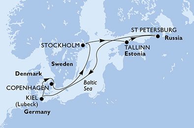 crociera msc U7K3 itinerario della crociera in
germania, danimarca, svezia, estonia, russia su MSC PREZIOSA