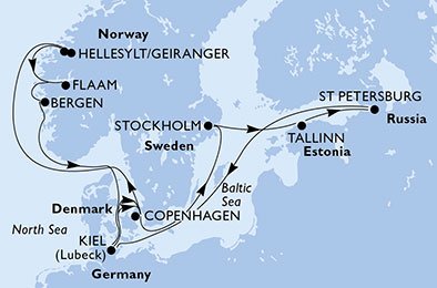 crociera msc U7L0 itinerario della crociera in
danimarca, svezia, estonia, russia, germania, norvegia su MSC PREZIOSA