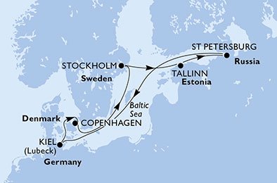 crociera msc U7L1 itinerario della crociera in
danimarca, svezia, estonia, russia, germania su MSC PREZIOSA