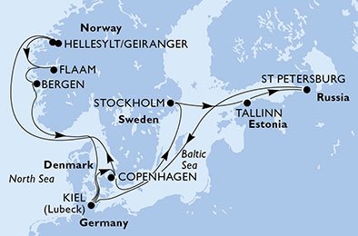 crociera msc U7L3 itinerario della crociera in
germania, danimarca, norvegia, svezia, estonia, russia su MSC PREZIOSA