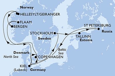 crociera msc U7LA itinerario della crociera in
germania, danimarca, norvegia, svezia, estonia, russia su MSC PREZIOSA