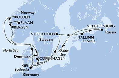 crociera msc U7LE itinerario della crociera in
danimarca, svezia, estonia, russia, germania, norvegia su MSC PREZIOSA