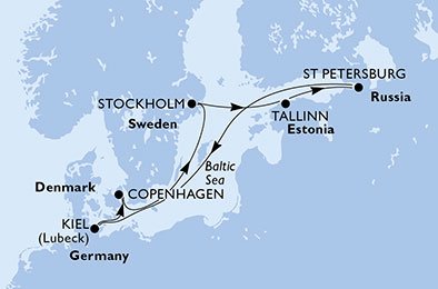 crociera msc U7LF itinerario della crociera in
danimarca, svezia, estonia, russia, germania su MSC PREZIOSA
