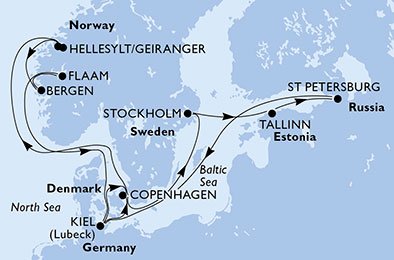 crociera msc U7M3 itinerario della crociera in
danimarca, norvegia, germania, svezia, estonia, russia su MSC PREZIOSA