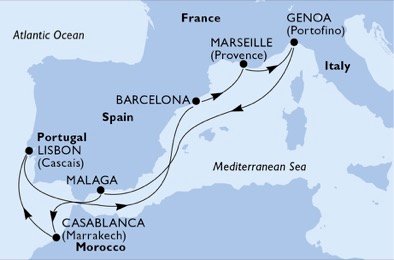 crociera msc U7MX itinerario della crociera in
portogallo, spagna, francia, italia, marocco su MSC PREZIOSA