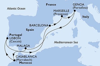 crociera msc U7MZ itinerario della crociera in
francia, italia, spagna, marocco, portogallo su MSC PREZIOSA