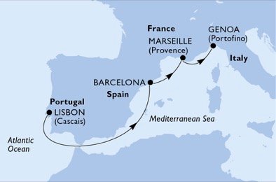 crociera msc U7ND itinerario della crociera in
portogallo, spagna, francia, italia su MSC PREZIOSA