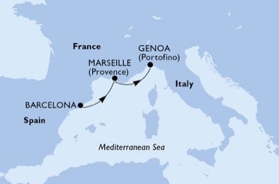 crociera msc U7NE itinerario della crociera in
spagna, francia, italia su MSC PREZIOSA