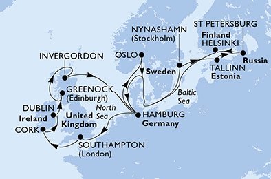 crociera msc U7Y2 itinerario della crociera in
germania, regno unito, irlanda, norvegia, svezia, estonia, russia, finlandia su MSC MERAVIGLIA