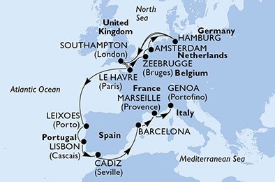 crociera msc U7Z9 itinerario della crociera in
germania, regno unito, francia, belgio, olanda, portogallo, spagna, italia su MSC MAGNIFICA
