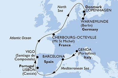 crociera msc U80R itinerario della crociera in
italia, spagna, portogallo, francia, danimarca, germania su MSC ORCHESTRA