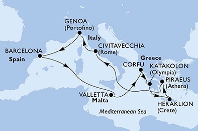 crociera msc U83X itinerario della crociera in
spagna, malta, grecia, italia su MSC ORCHESTRA