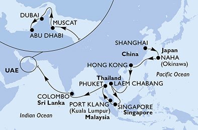 crociera msc U8JQ itinerario della crociera in
cina, giappone, hong kong, tailandia, singapore, malesia, sri lanka, oman, emirati arabi uniti su MSC SPLENDIDA