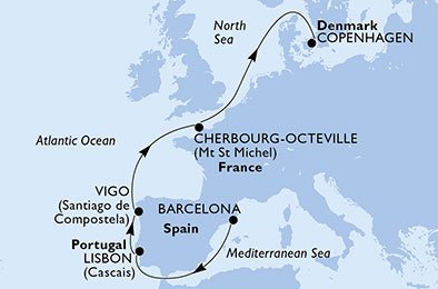 crociera msc U8M8 itinerario della crociera in
spagna, portogallo, francia, danimarca su MSC ORCHESTRA