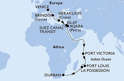 crociera msc U8TC itinerario della crociera in
italia, grecia, egitto, israele, giordania, seychelles, mauritius, réunion, sudafrica su MSC MUSICA