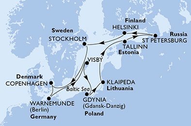 crociera msc U901 itinerario della crociera in
germania, svezia, polonia, lituania, estonia, russia, finlandia, danimarca su MSC ORCHESTRA