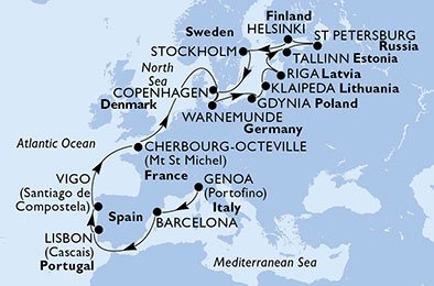 crociera msc U902 itinerario della crociera in
italia, spagna, portogallo, francia, danimarca, germania, polonia, lituania, lettonia, estonia, russia, finlandia, svezia su MSC ORCHESTRA