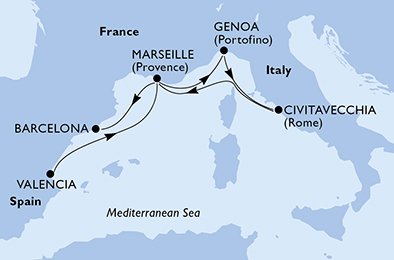 crociera msc U98W itinerario della crociera in
spagna, francia, italia su MSC DIVINA