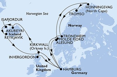 crociera msc U99I itinerario della crociera in
germania, norvegia, regno unito, islanda su MSC MERAVIGLIA