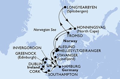 crociera msc U99N itinerario della crociera in
germania, norvegia, svalbard and jan mayen islands, regno unito, irlanda su MSC MERAVIGLIA