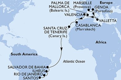 crociera msc U9AJ itinerario della crociera in
francia, italia, malta, spagna, marocco, brasile su MSC POESIA