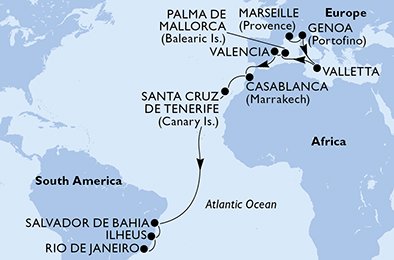 crociera msc U9AZ itinerario della crociera in
francia, italia, malta, spagna, marocco, brasile su MSC POESIA