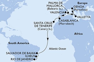crociera msc U9B1 itinerario della crociera in
italia, malta, spagna, marocco, brasile su MSC POESIA