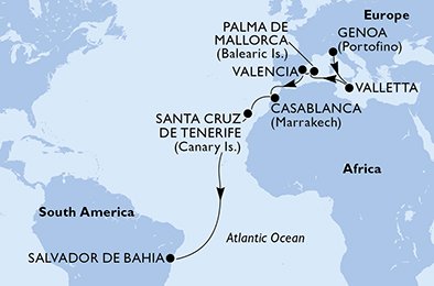 crociera msc U9B2 itinerario della crociera in
italia, malta, spagna, marocco, brasile su MSC POESIA