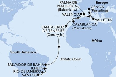 crociera msc U9B3 itinerario della crociera in
italia, malta, spagna, marocco, brasile su MSC POESIA