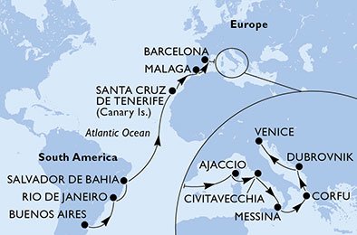 crociera msc U9BN itinerario della crociera in
argentina, brasile, spagna, francia, italia, grecia, croazia su MSC ORCHESTRA