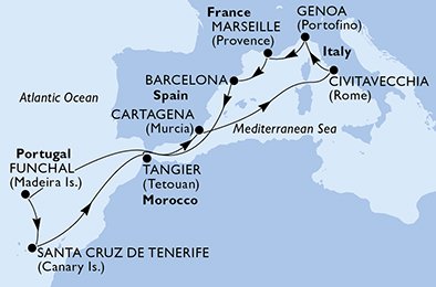 crociera msc U9FI itinerario della crociera in
italia, francia, spagna, portogallo, marocco su MSC SINFONIA