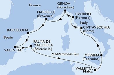 crociera msc U9FJ itinerario della crociera in
italia, francia, spagna, malta su MSC SINFONIA