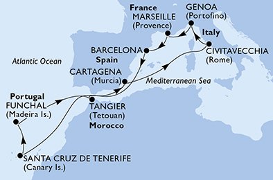 crociera msc U9FK itinerario della crociera in
italia, francia, spagna, portogallo, marocco su MSC SINFONIA