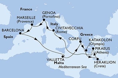 crociera msc U9FQ itinerario della crociera in
italia, francia, spagna, malta, grecia su MSC SINFONIA