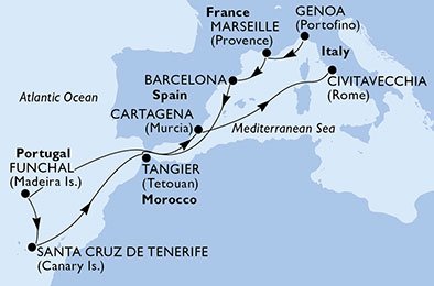 crociera msc U9G3 itinerario della crociera in
italia, francia, spagna, portogallo, marocco su MSC SINFONIA