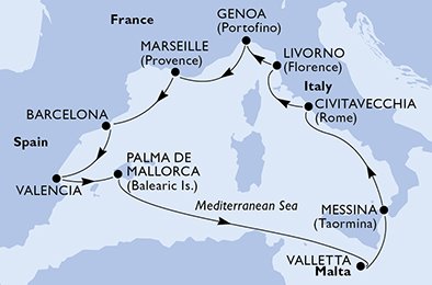 crociera msc U9GL itinerario della crociera in
italia, francia, spagna, malta su MSC SINFONIA