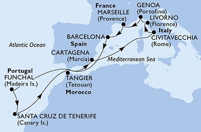 crociera msc U9GO itinerario della crociera in
italia, francia, spagna, portogallo, marocco su MSC SINFONIA